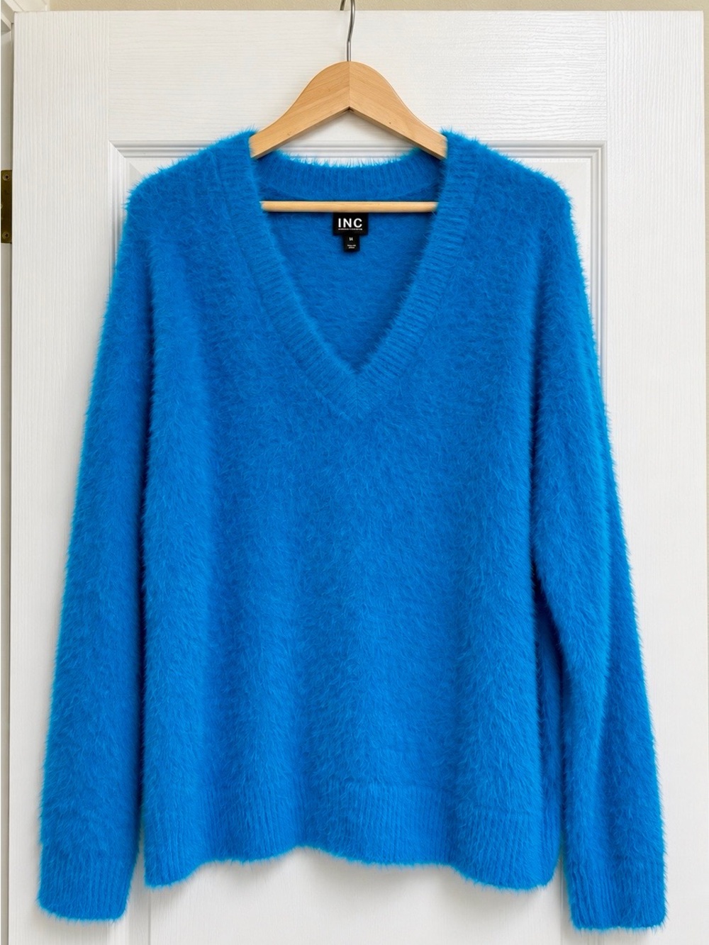 INC XXL Bright Blue Fuzzy Oversized Boyfriend Sweater Y2K Cozy Statement V-Neck